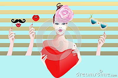 portrait surprised girl model holding a red heart Vector Illustration